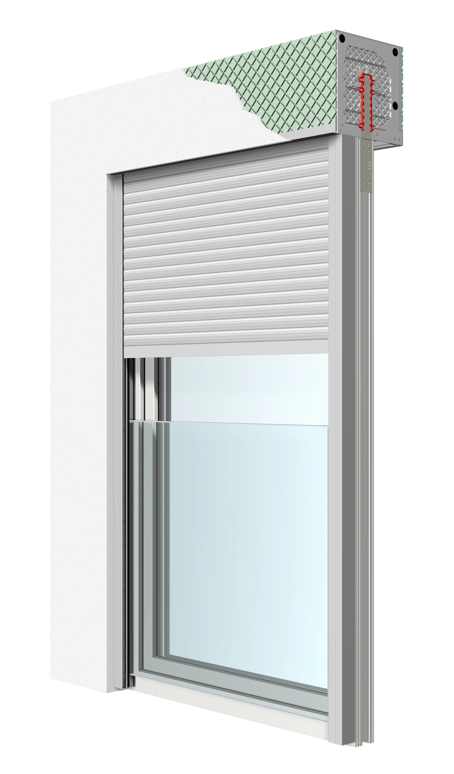 Detailansicht eines modernen Rollladenkastens mit Fenster